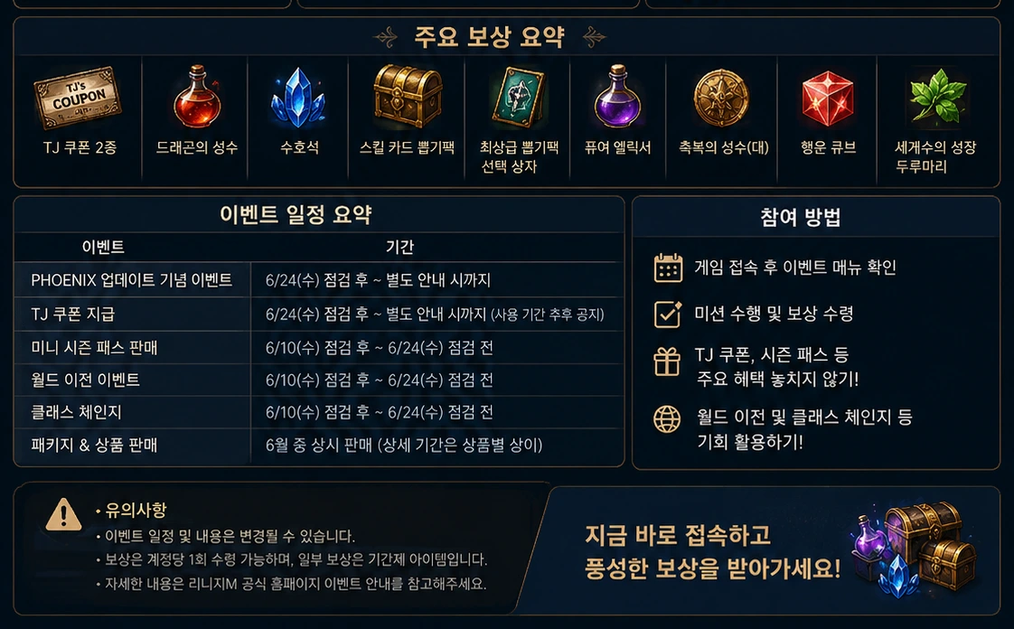 리니지M 6월 PHOENIX 이벤트 보상 TJ쿠폰 시즌패스 월드이전 정리